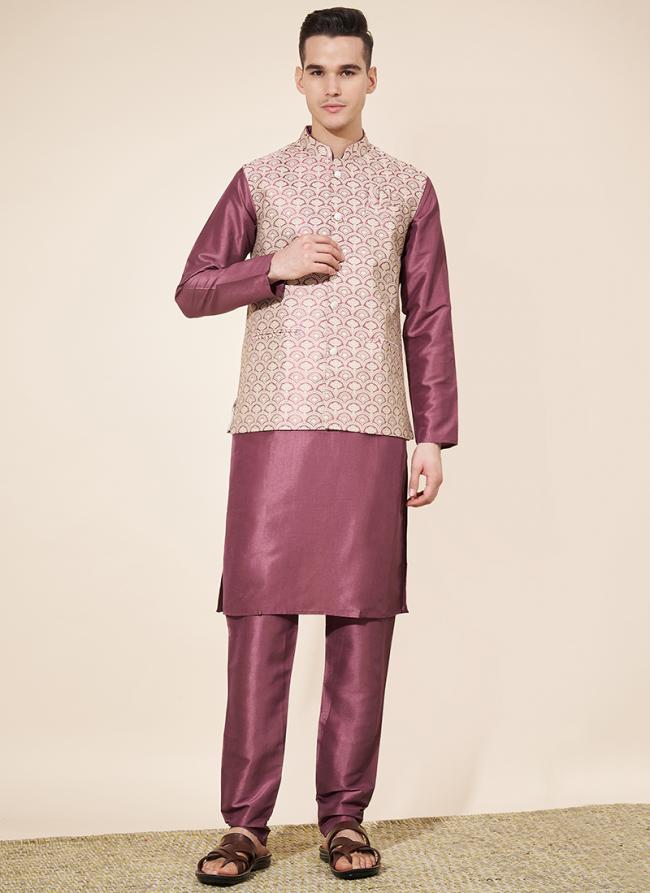 Pure Silk Pink Wedding Wear Printed Readymade Modi Jacket Kurta Pajama